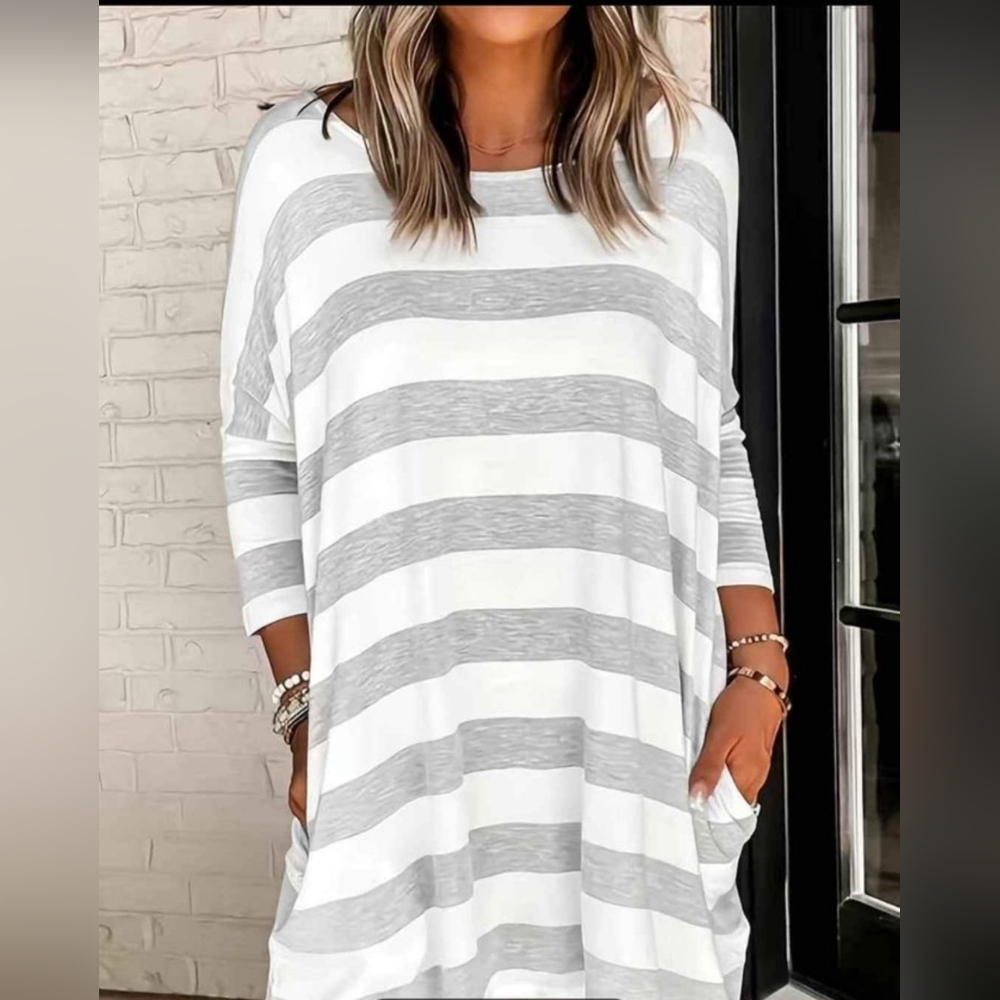 Grey and White Striped Boho Dress With Pockets